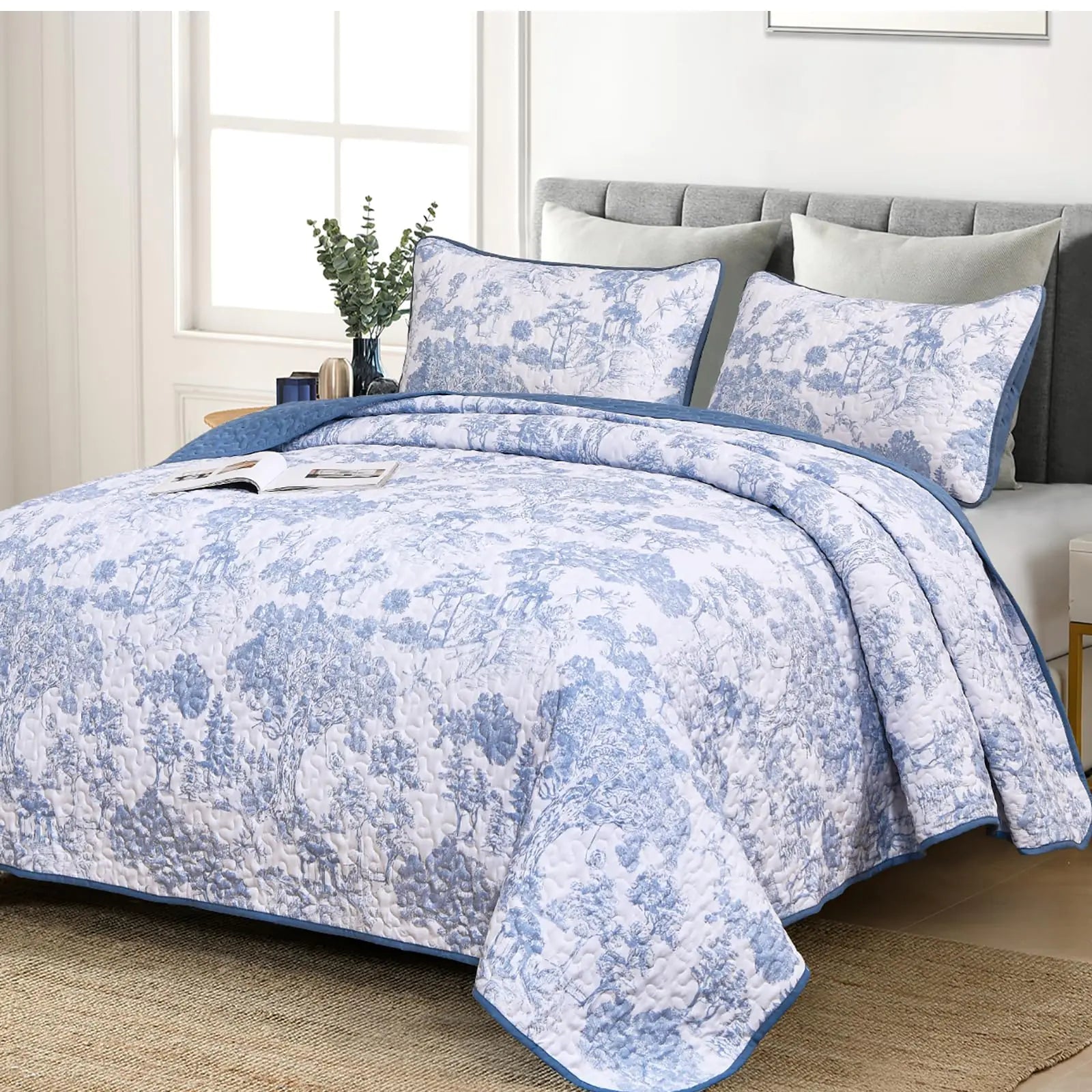 3 Piece Blue Botanical Microfiber Quilt Set Full Size - Blue Full - blanket