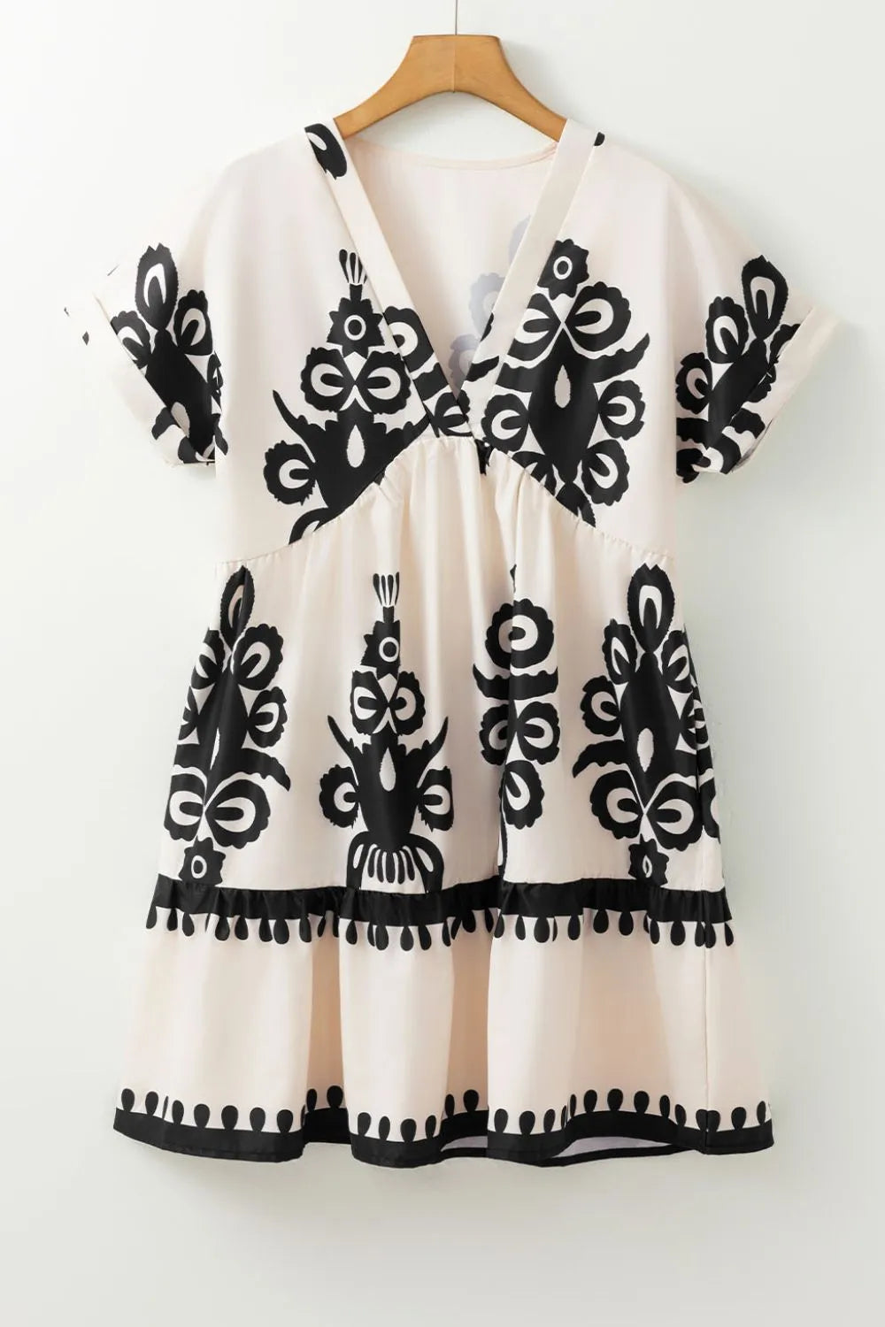 Printed V-Neck Short Sleeve Dress - -