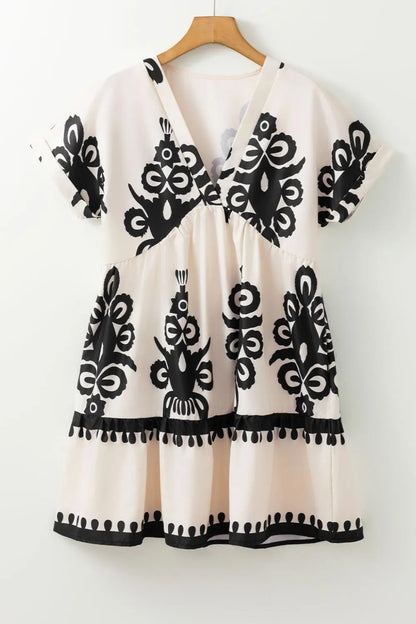 Printed V-Neck Short Sleeve Dress - -