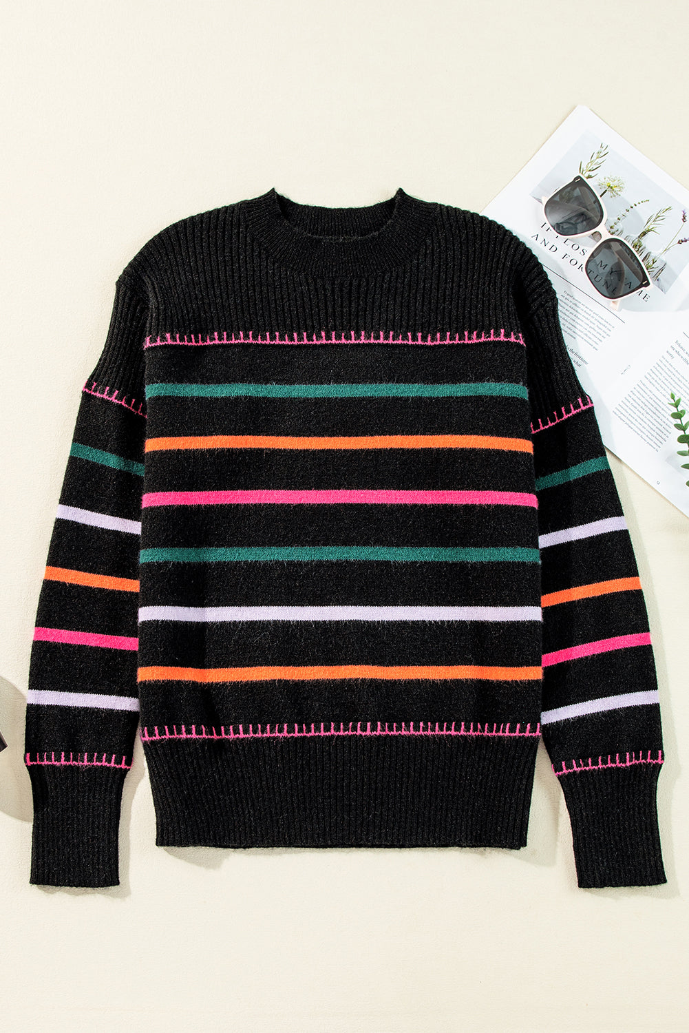 Black Colorful Striped Ribbed Trim Sweater - - Sweaters & Cardigans/Sweaters