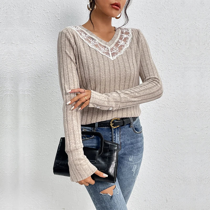 Lace V-Neck Vertical Stripe Long Sleeve Top