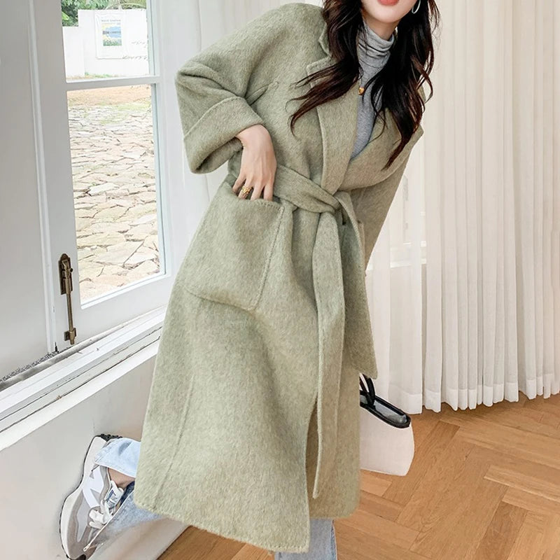 Big Turn Down Collar Cashmere Coat Ladies Pure Color Wool Coat Women Winter Coat