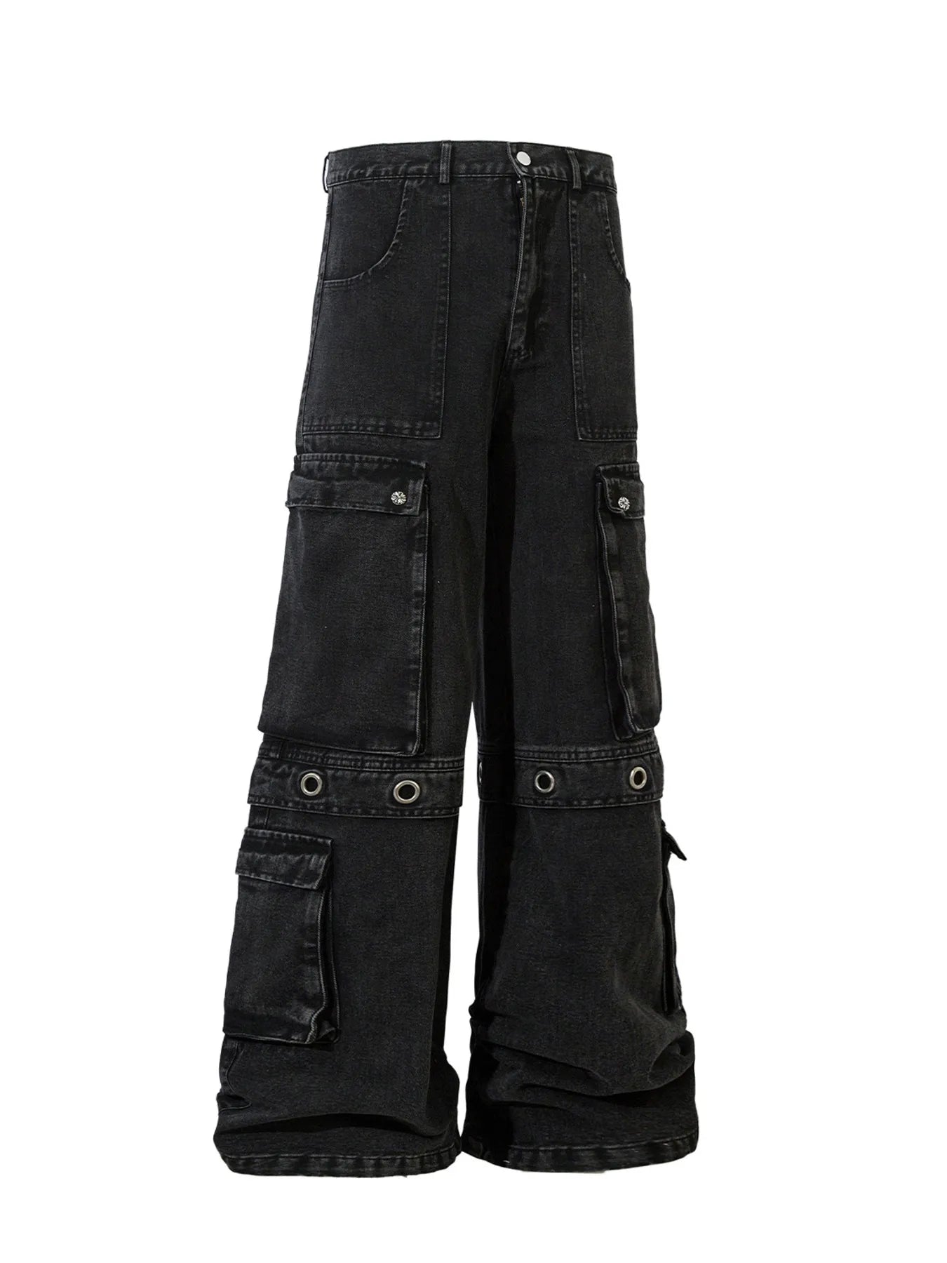 Men's Wide Leg Cargo Denim Jeans with Multi Pockets - Black -