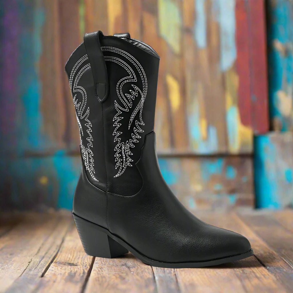 Classic Durable Round Toe Pull on Embroidered Modern Western Rodeo Cowboy Boot