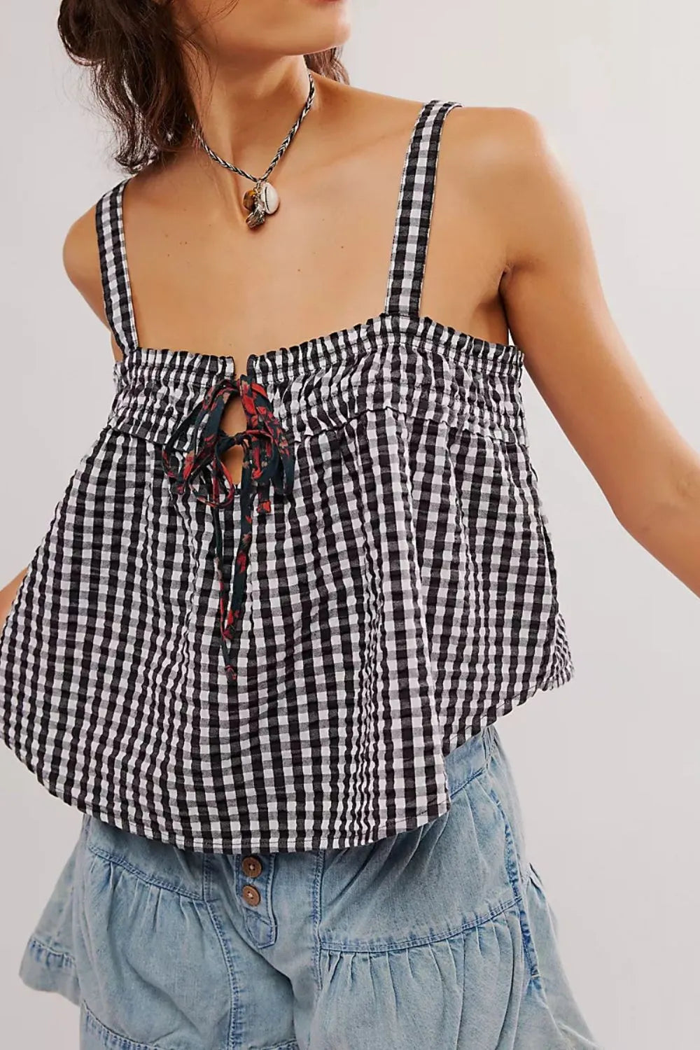 Tied Front Textured Square Neck Cami - Black - Top