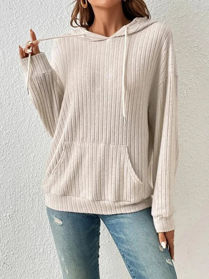 Long Sleeve Round Neck Sweater Hooded Kangaroo Pocket Casual Solid Top