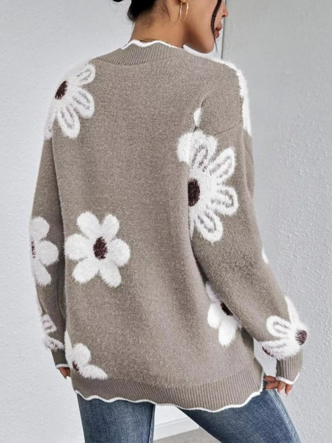 Floral V-Neck Long Sleeve Sweater - -