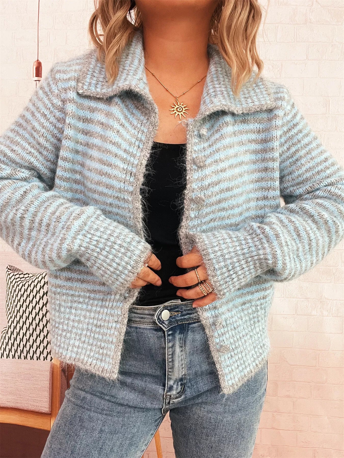 Striped Button-Up Long Sleeve Cardigan - Blue One Size -