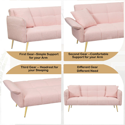 70 inch Teddy velvet sofa with adjustable armrests and backrest, convertible futon sofa for living room and bedroom. Pink- V.I.P Digital Presence- {{Product type}}