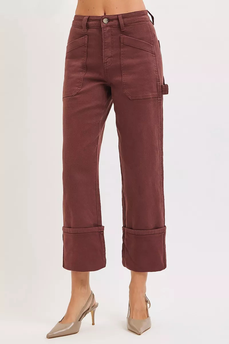 RISEN High Rise Wide Straight Cuffed Patch Jeans - - jeans