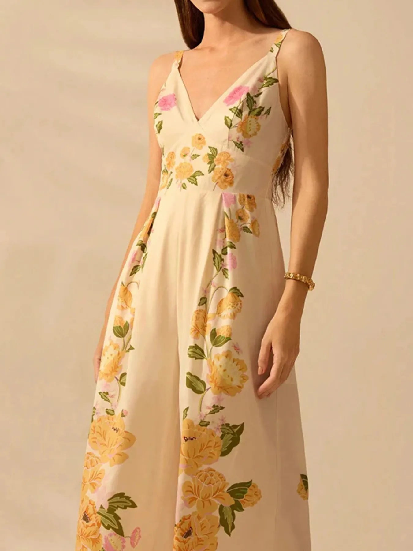 Floral Print Wide-Leg V-Neck Cami Jumpsuit - -