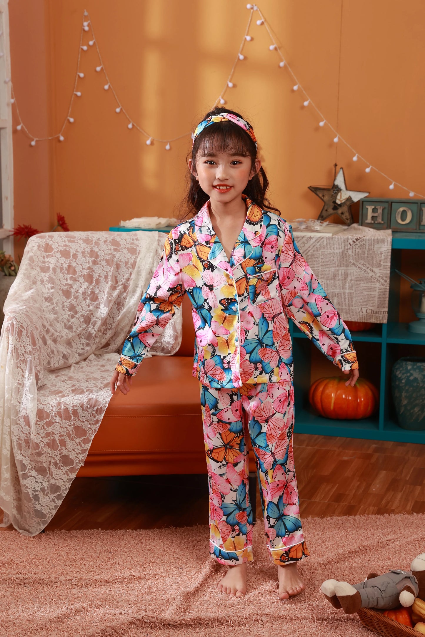 Silk Pajamas Floral Print Cute Pajamas With Headband