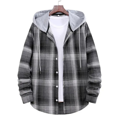 Work Shirt With Hood Mens Plaid Hoodie Shirt Gray