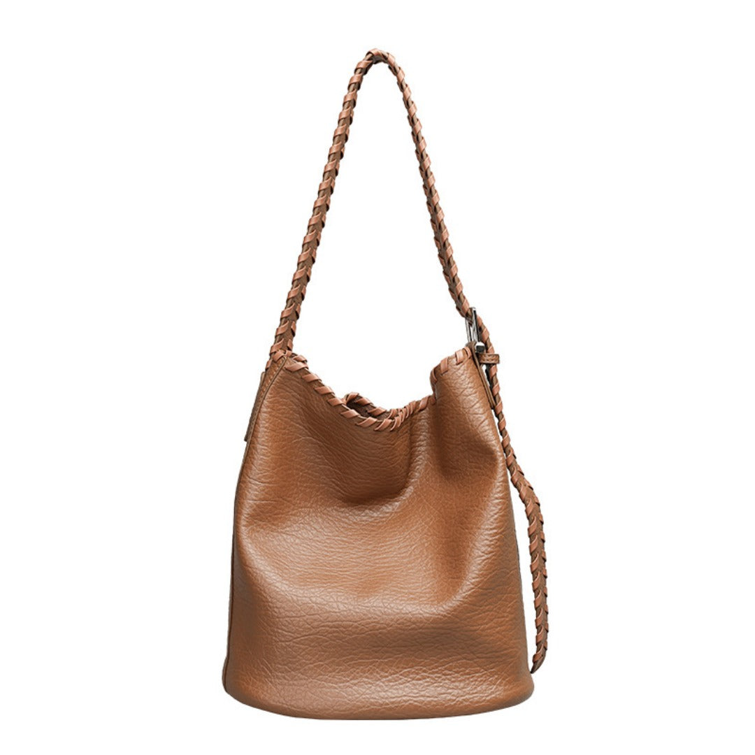 Elegant Woven Shoulder Strap Bucket Bag for Female - Versatile Texture Soft PU Retro Casual Tote - -