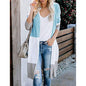 Long Sleeve Tri-Color Knit Sweater Mosaic Stripe Open Front Cardigan Light Blue