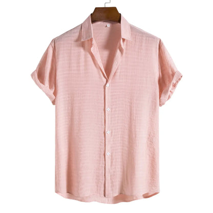 Breathable Soft Summer Casual Short Sleeve Button Up Shirt Men Pink