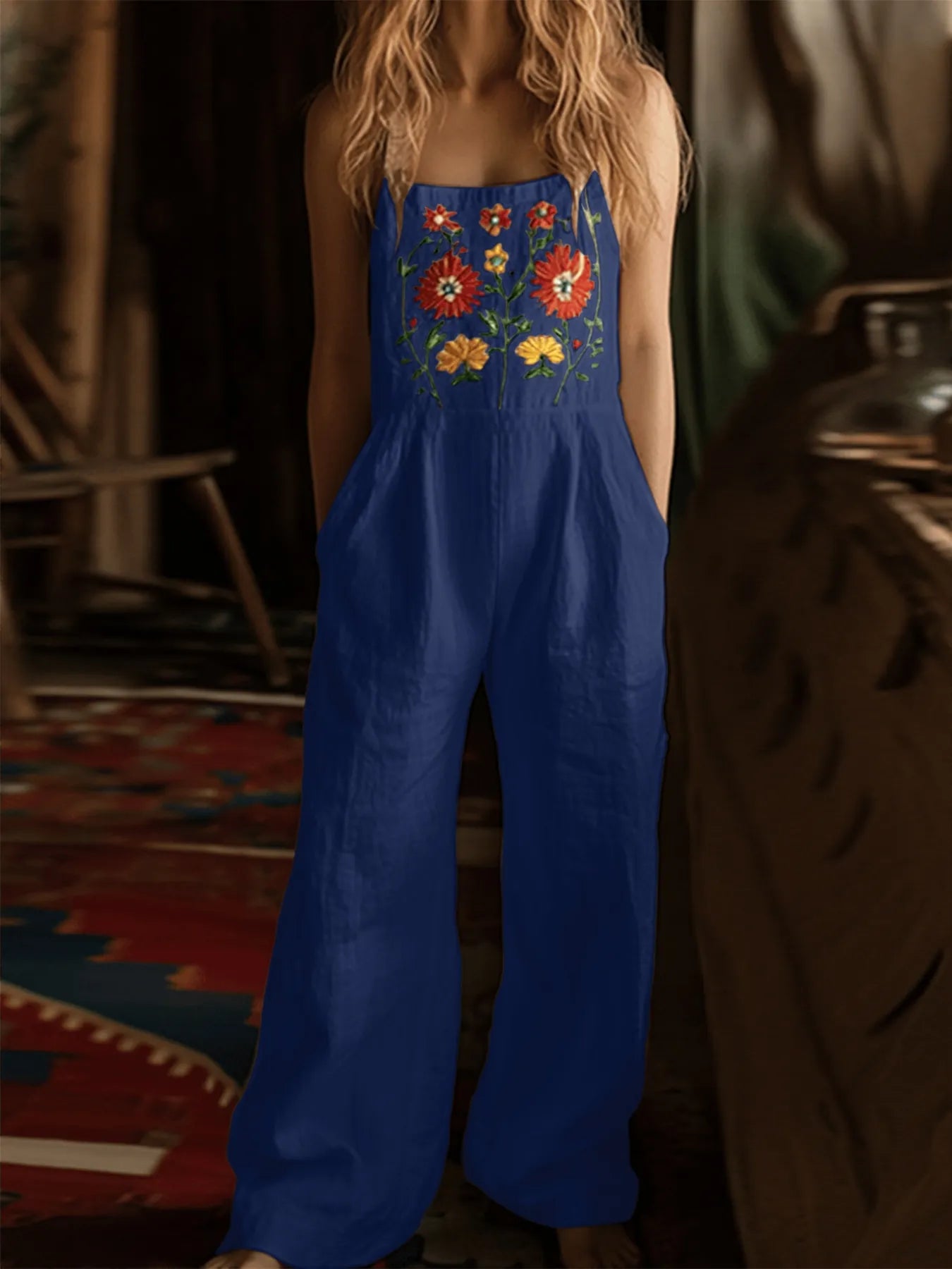 Floral Embroidered Wide Leg Jumpsuit - -