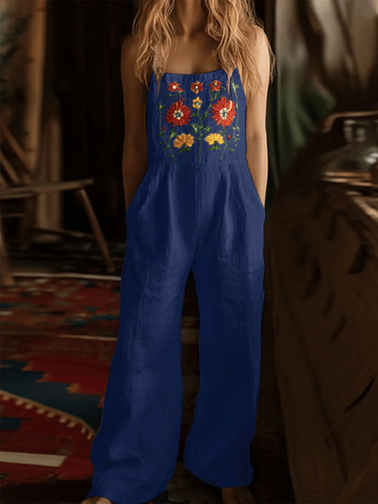 Floral Embroidered Wide Leg Jumpsuit - -