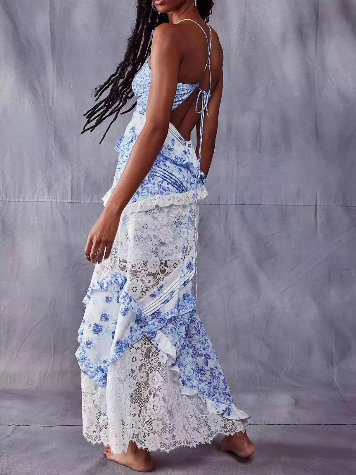 Lace Floral Print Ruffle Trim Maxi Dress - -