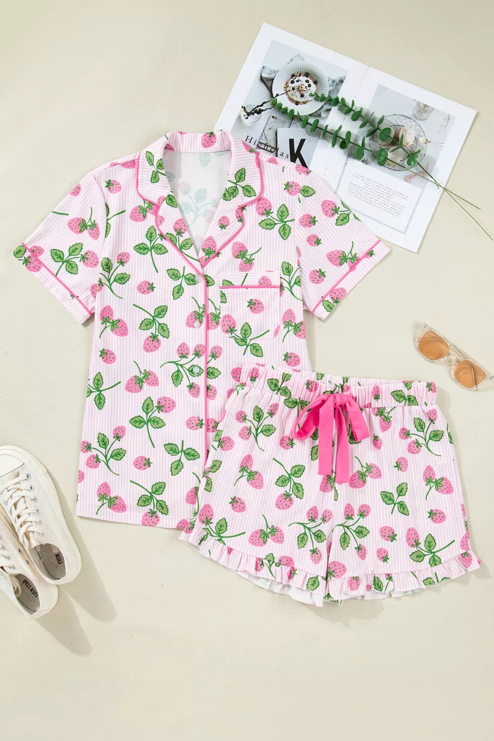Striped Strawberry Print Lapel Shirt Drawstring Shorts 2pcs Pajama Set- Shopimist- {{Product type}}