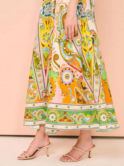 Paisley Print Square Neck Summer Dress - -