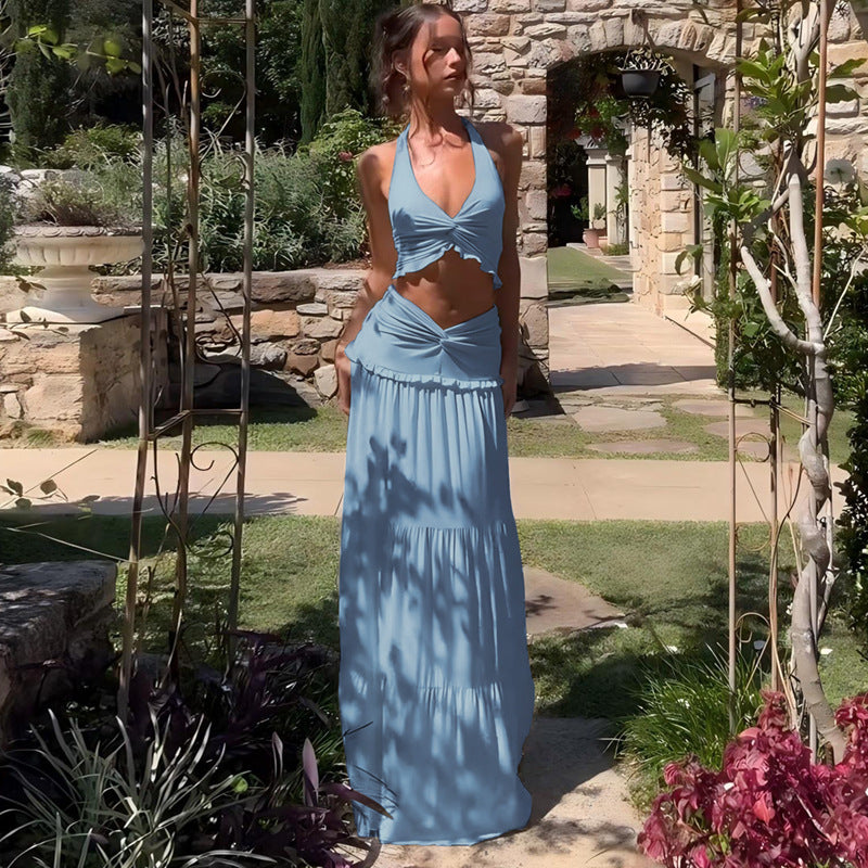 V-Neck Halter Dress Set - - dress