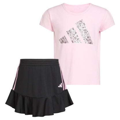 adidas Girls 2 Piece Ruffle Skort & T-Shirt Skirt Set Light Pink & Black - -