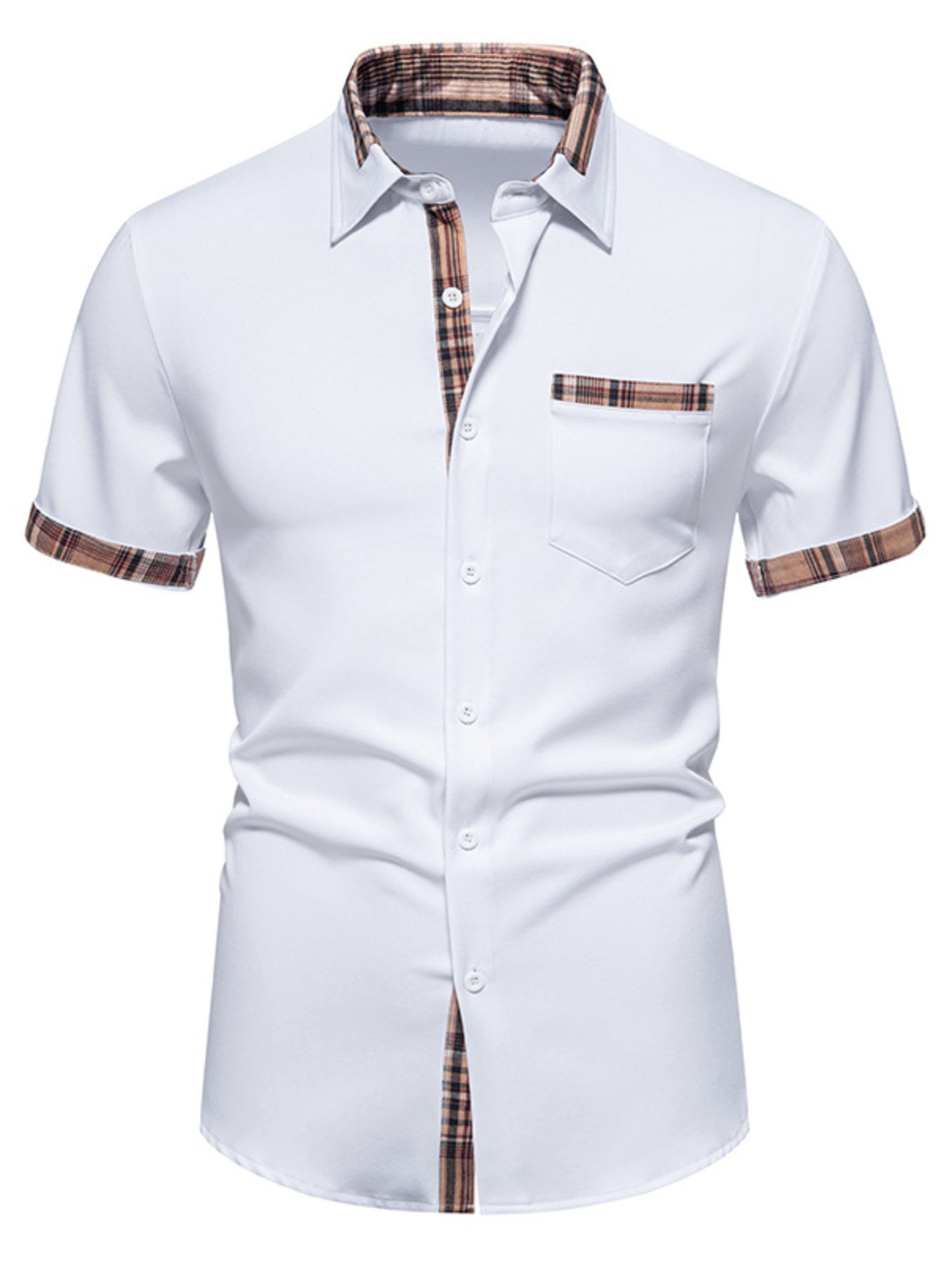 Men's Short Sleeve Plaid Trim Shirt - White -