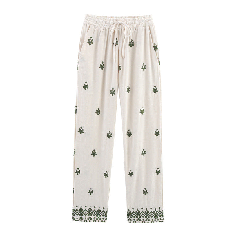 Elastic Waist Tied Embroidered Wide Leg Pants for WomenStyle Fashion Casual - Color -