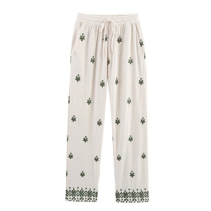 Elastic Waist Tied Embroidered Wide Leg Pants for WomenStyle Fashion Casual - Color -