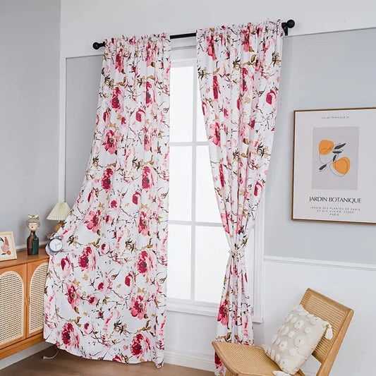 Red & White Floral Printed Fabric Curtain Panel - Kia Day Design
