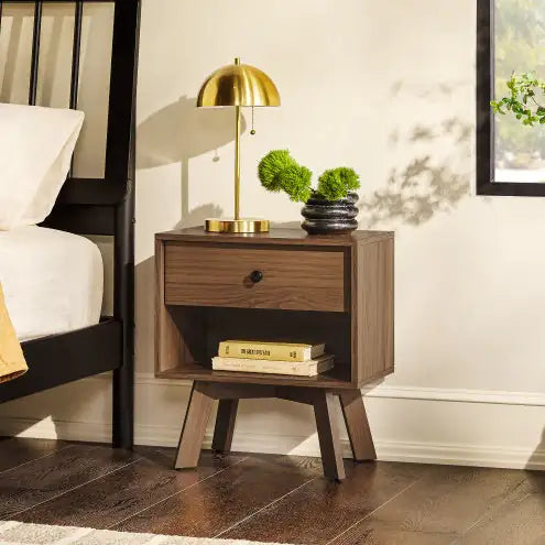Mid Century Modern Minimalist 1-Drawer Nightstand Mocha - Kia Day Design