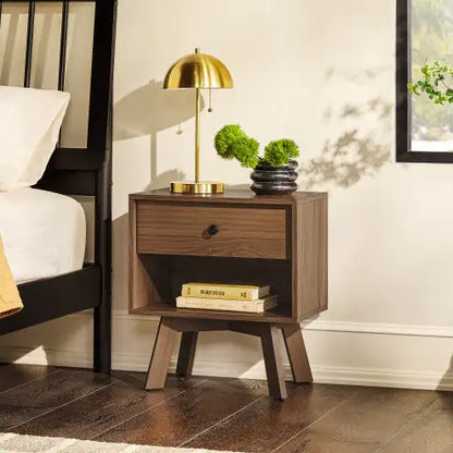 Mid Century Modern Minimalist 1-Drawer Nightstand Mocha - Kia Day Design