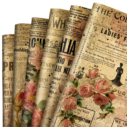JarThenaAMCS 12 Sheets Vintage Wrapping Paper - Not Roll - Rose Floral Old Newspaper Style Gift Wrap Paper Folded Flat Retro Art Paper for DIY Crafts 19.7 x 27.6 Inch