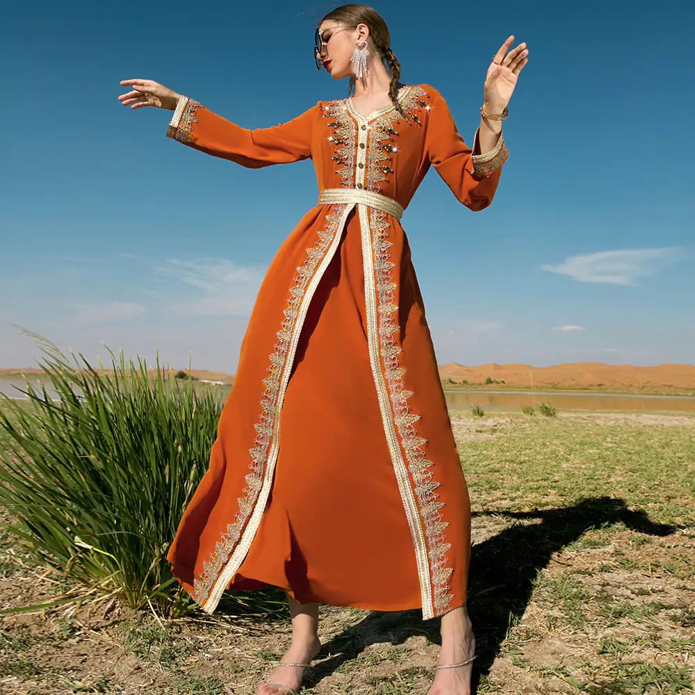 Ladies Long Sleeve Orange Dress - - dress