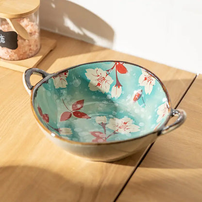 Ceramic Japanese Bowls Blue With Flowers