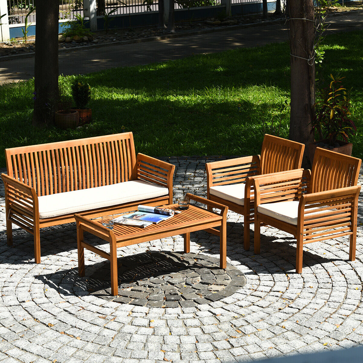 4 Pieces Outdoor Acacia Wood Sofa Furniture Set- DirectDeals- {{Product type}}