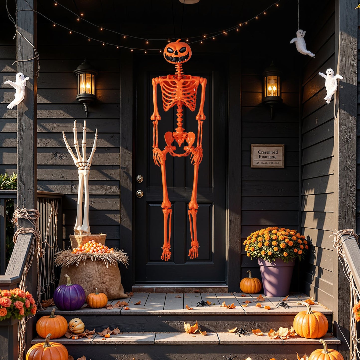 5.2 FT Orange Life-Size Poseable Halloween Skeleton with Pumpkin Head and Movable Joints - -