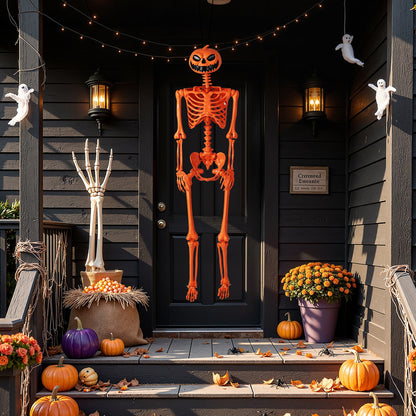 5.2 FT Orange Life-Size Poseable Halloween Skeleton with Pumpkin Head and Movable Joints - -