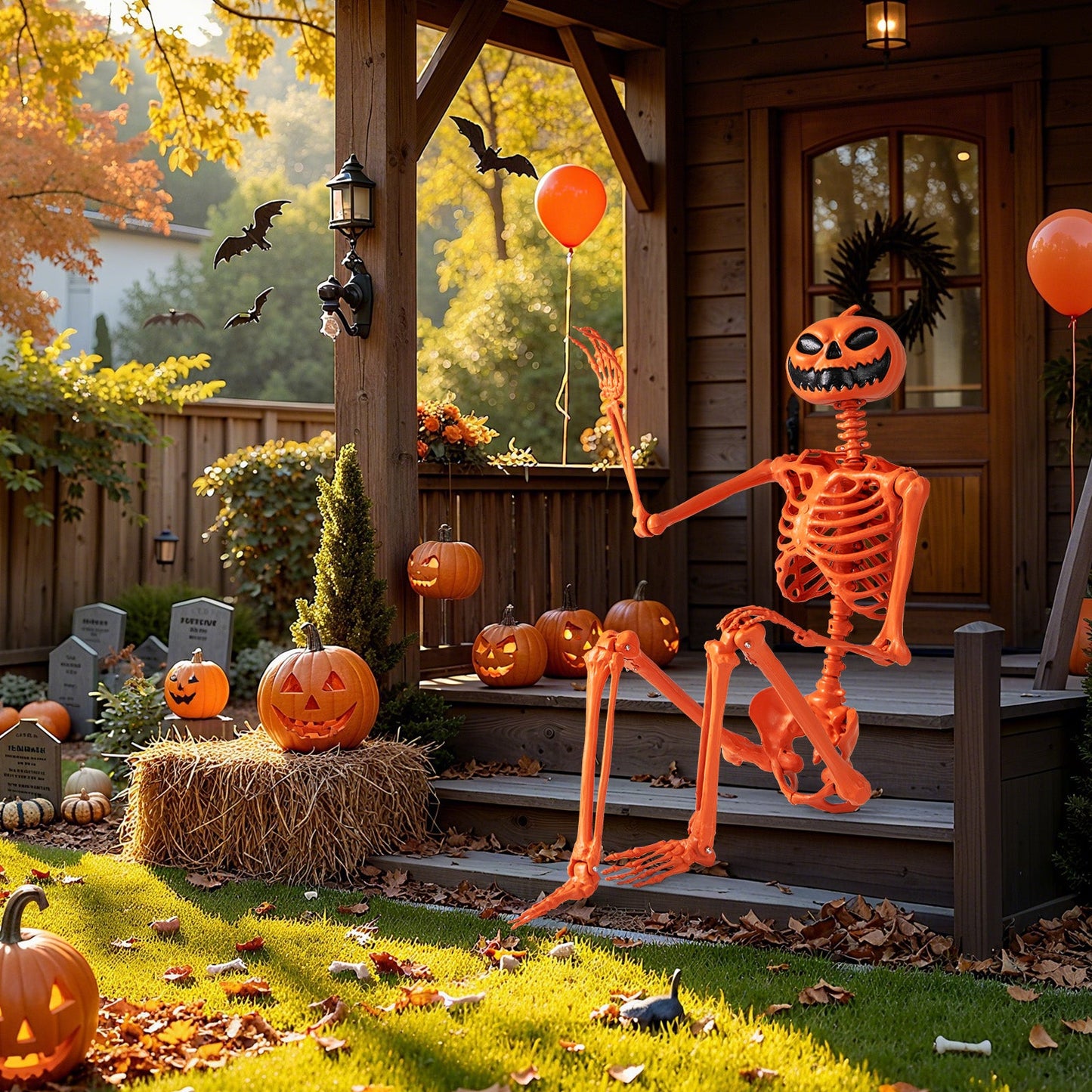 5.2 FT Orange Life-Size Poseable Halloween Skeleton with Pumpkin Head and Movable Joints - -