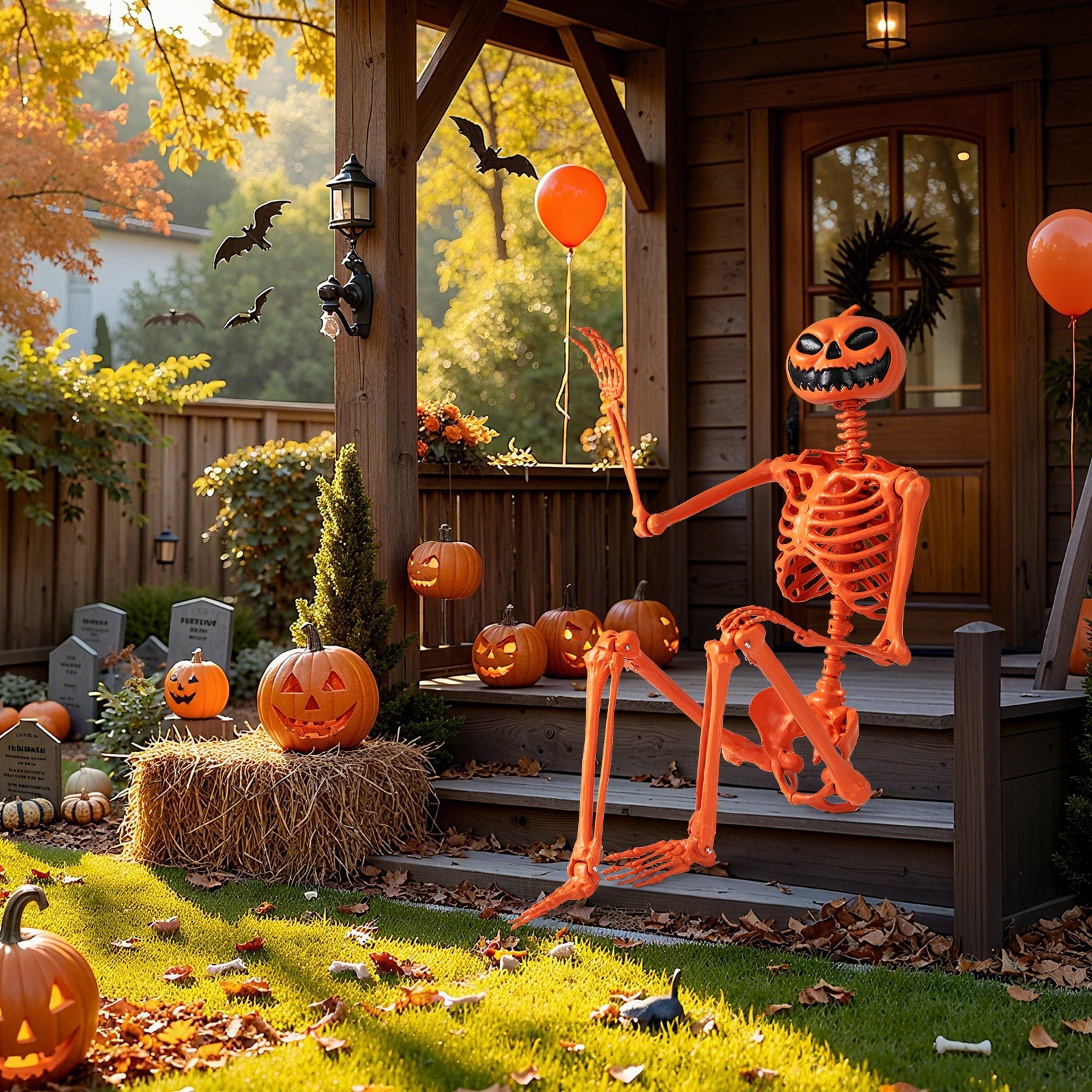 5.2 FT Orange Life-Size Poseable Halloween Skeleton with Pumpkin Head and Movable Joints - -