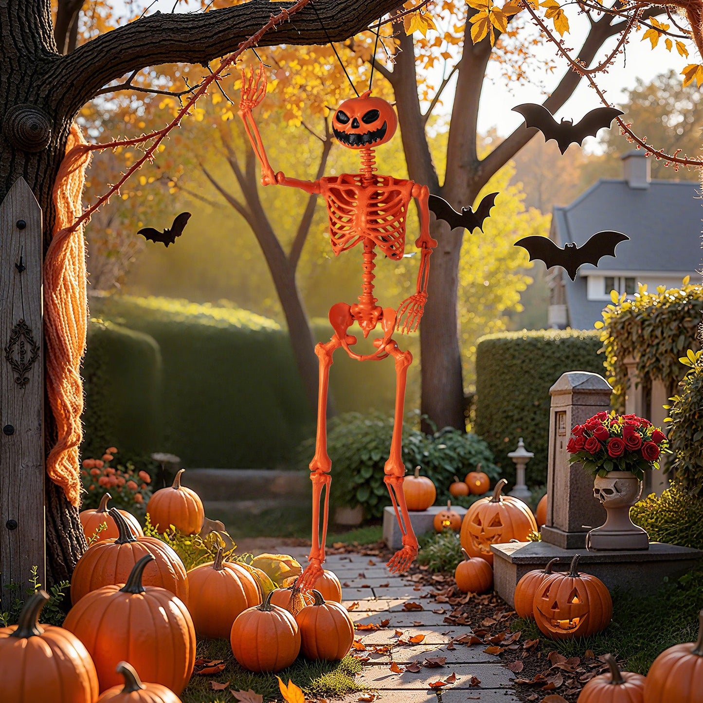 5.2 FT Orange Life-Size Poseable Halloween Skeleton with Pumpkin Head and Movable Joints - -