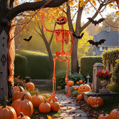 5.2 FT Orange Life-Size Poseable Halloween Skeleton with Pumpkin Head and Movable Joints - -