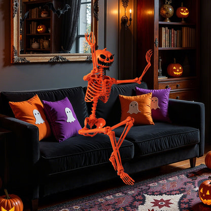 5.2 FT Orange Life-Size Poseable Halloween Skeleton with Pumpkin Head and Movable Joints - -