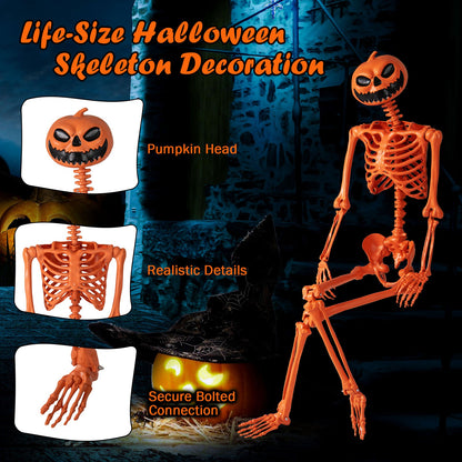 5.2 FT Orange Life-Size Poseable Halloween Skeleton with Pumpkin Head and Movable Joints - -
