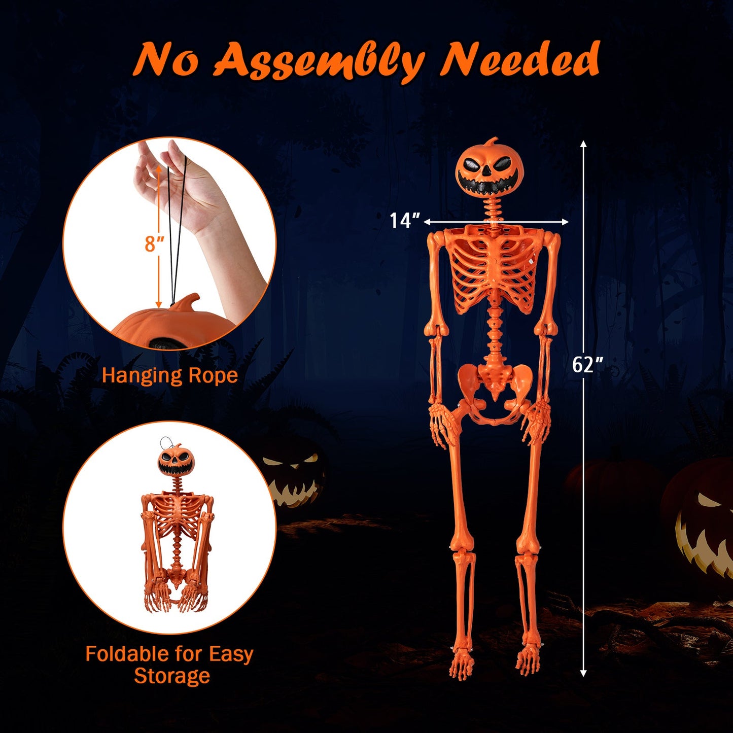 5.2 FT Orange Life-Size Poseable Halloween Skeleton with Pumpkin Head and Movable Joints - -