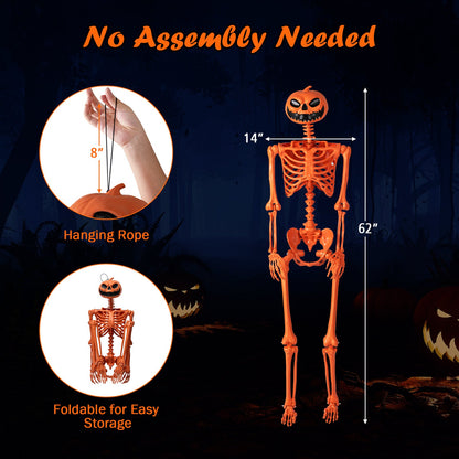 5.2 FT Orange Life-Size Poseable Halloween Skeleton with Pumpkin Head and Movable Joints - -