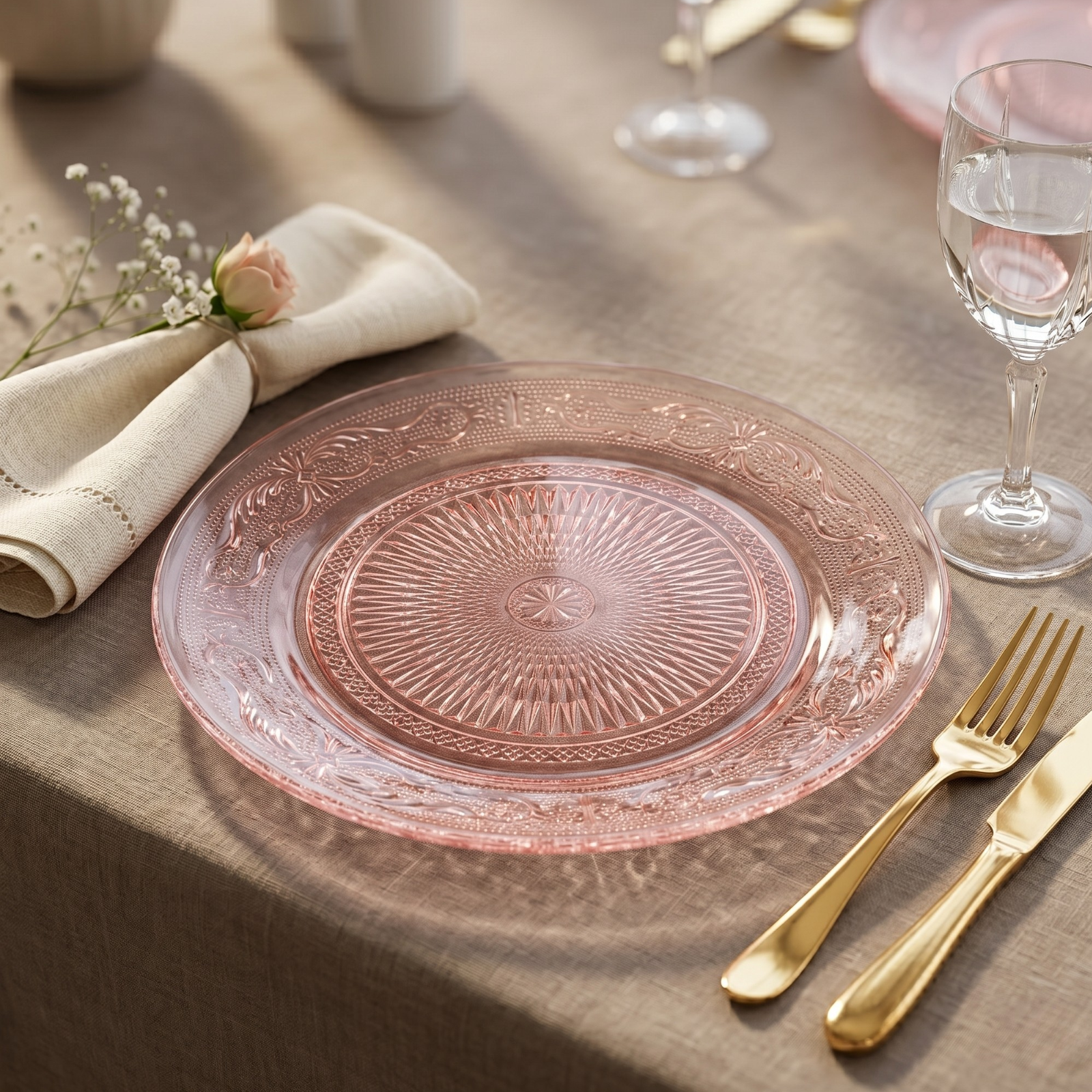 Blush Vintage Glass Plate, Set of 6 - - Plate