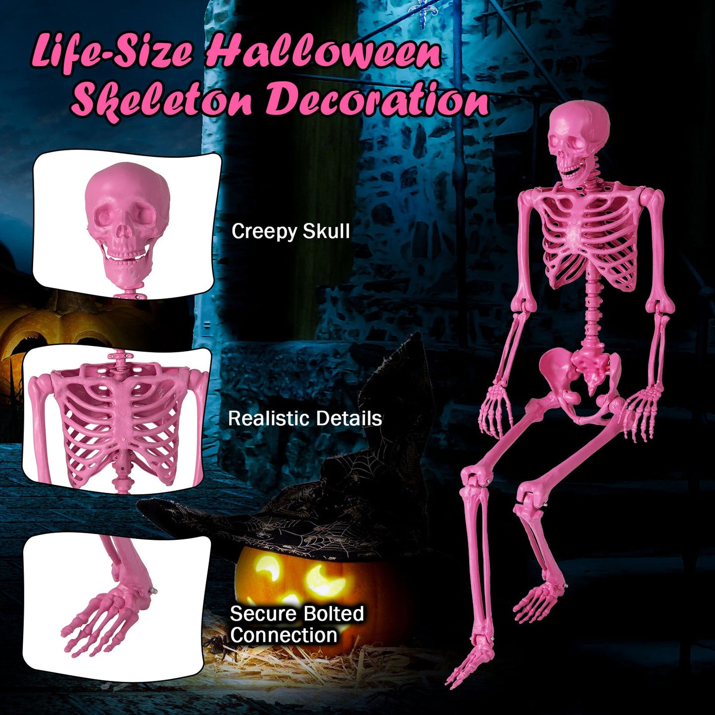 5.5 FT Life-Size Halloween Poseable Skeleton Pink Movable Joints - -
