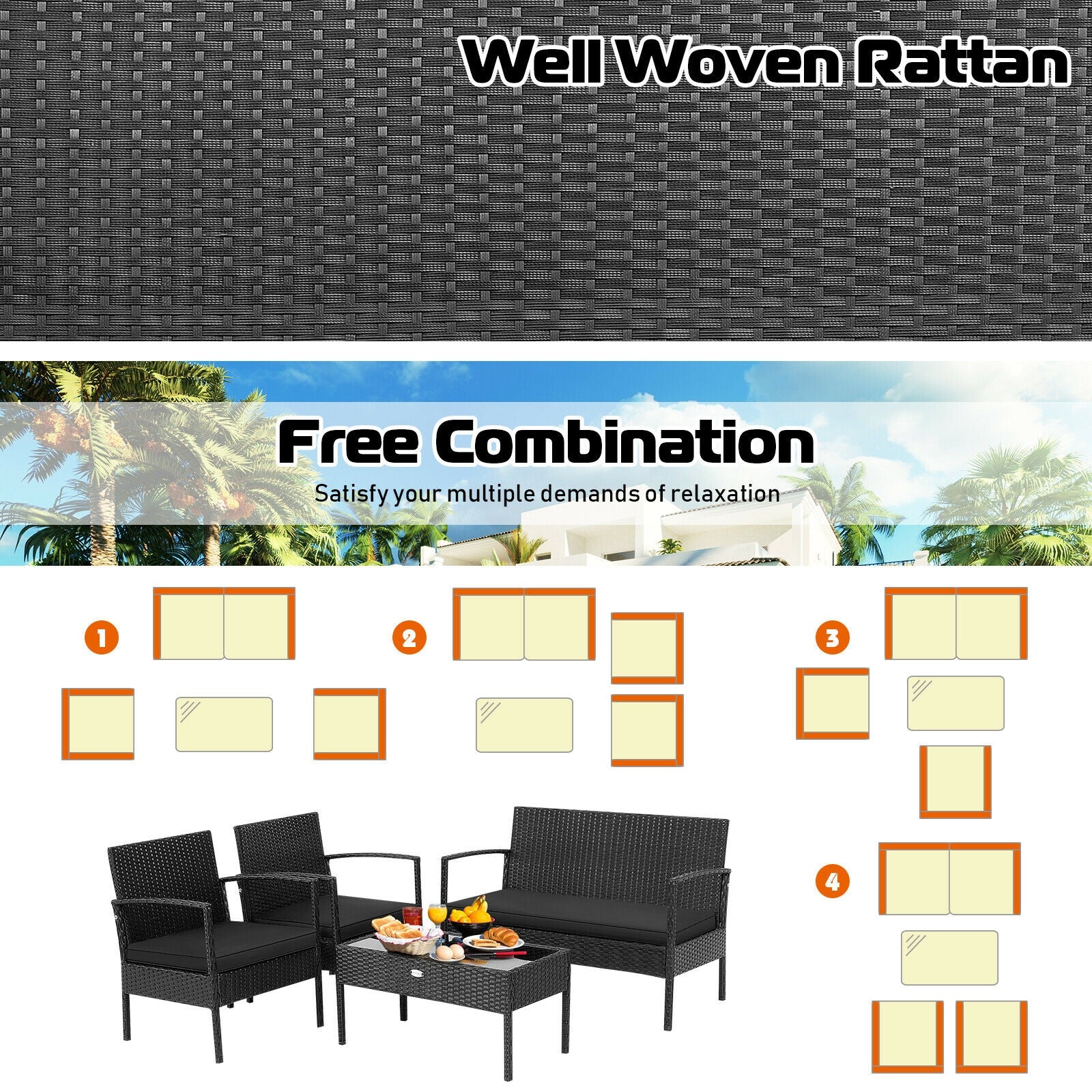 4 Pieces Patio Rattan Furniture Set with Cushion- DirectDeals- {{Product type}}